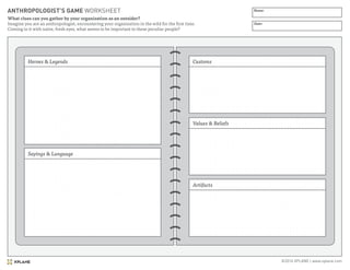 ©2016 XPLANE | www.xplane.com
ANTHROPOLOGIST’S GAME WORKSHEET
Heroes & Legends
Sayings & Language
Artifacts
Values & Beliefs
Customs
What clues can you gather by your organization as an outsider?
Imagine you are an anthropologist, encountering your organization in the wild for the first time.
Coming to it with naïve, fresh eyes, what seems to be important to these peculiar people?
Name:
Date:
 