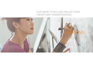 AUTHENTICITY
PASSION
LEARNING
IMPACT
INTERSECTION
EXPRESSION
OUR SMART TOOLS AND SKILLED TEAM
CREATE DEEP UNDERSTANDING.
LEARNING
 