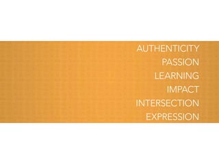 AUTHENTICITY
PASSION
LEARNING
IMPACT
INTERSECTION
EXPRESSION
 