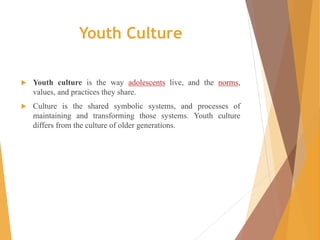 Youth Culture
 Youth culture is the way adolescents live, and the norms,
values, and practices they share.
 Culture is the shared symbolic systems, and processes of
maintaining and transforming those systems. Youth culture
differs from the culture of older generations.
 