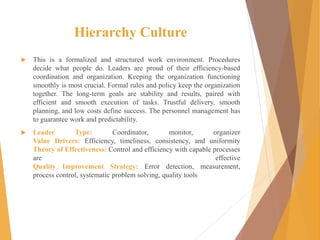 Hierarchy Culture
 This is a formalized and structured work environment. Procedures
decide what people do. Leaders are proud of their efficiency-based
coordination and organization. Keeping the organization functioning
smoothly is most crucial. Formal rules and policy keep the organization
together. The long-term goals are stability and results, paired with
efficient and smooth execution of tasks. Trustful delivery, smooth
planning, and low costs define success. The personnel management has
to guarantee work and predictability.
 Leader Type: Coordinator, monitor, organizer
Value Drivers: Efficiency, timeliness, consistency, and uniformity
Theory of Effectiveness: Control and efficiency with capable processes
are effective
Quality Improvement Strategy: Error detection, measurement,
process control, systematic problem solving, quality tools
 