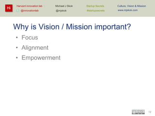 Hi

Harvard innovation lab :
@innovationlab

Michael J Skok :

Startup Secrets :

Culture, Vision & Mission

@mjskok

#startupsecrets

www.mjskok.com

Why is Vision / Mission important?
• Focus
• Alignment
• Empowerment

12

 