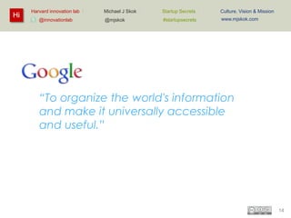 Hi

Harvard innovation lab :
@innovationlab

Michael J Skok :

Startup Secrets :

Culture, Vision & Mission

@mjskok

#startupsecrets

www.mjskok.com

“To organize the world's information
and make it universally accessible
and useful.”

14

 