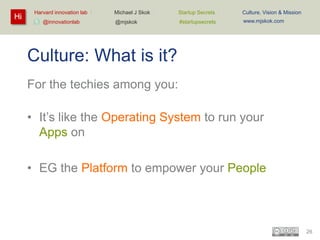 Hi

Harvard innovation lab :
@innovationlab

Michael J Skok :

Startup Secrets :

Culture, Vision & Mission

@mjskok

#startupsecrets

www.mjskok.com

Culture: What is it?
For the techies among you:
• It’s like the Operating System to run your
Apps on
• EG the Platform to empower your People

26

 