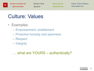 Hi

Harvard innovation lab :
@innovationlab

Michael J Skok :

Startup Secrets :

Culture, Vision & Mission

@mjskok

#startupsecrets

www.mjskok.com

Culture: Values
• Examples:
–
–
–
–

Empowerment, enablement
Proactive honesty and openness
Respect
Integrity

… what are YOURS – authentically?

29

 