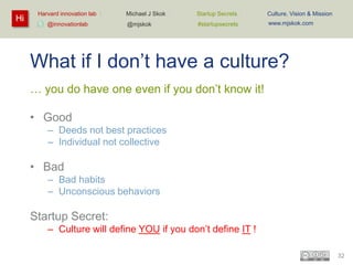 Hi

Harvard innovation lab :
@innovationlab

Michael J Skok :

Startup Secrets :

Culture, Vision & Mission

@mjskok

#startupsecrets

www.mjskok.com

What if I don’t have a culture?
… you do have one even if you don’t know it!
• Good
– Deeds not best practices
– Individual not collective

• Bad
– Bad habits
– Unconscious behaviors

Startup Secret:
– Culture will define YOU if you don’t define IT !
32

 