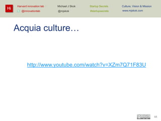 Hi

Harvard innovation lab :
@innovationlab

Michael J Skok :

Startup Secrets :

Culture, Vision & Mission

@mjskok

#startupsecrets

www.mjskok.com

Acquia culture…

http://www.youtube.com/watch?v=XZm7Q71F83U

48

 
