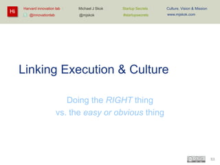 Hi

Harvard innovation lab :
@innovationlab

Michael J Skok :

Startup Secrets :

Culture, Vision & Mission

@mjskok

#startupsecrets

www.mjskok.com

Linking Execution & Culture
Doing the RIGHT thing
vs. the easy or obvious thing

53

 