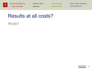 Hi

Harvard innovation lab :
@innovationlab

Michael J Skok :

Startup Secrets :

Culture, Vision & Mission

@mjskok

#startupsecrets

www.mjskok.com

Results at all costs?
Really?
OK, not ALL costs…
• Then what costs?
–
–
–
–
–

Profit?
Market share?
People?
Ethics?
Legal?
60

 