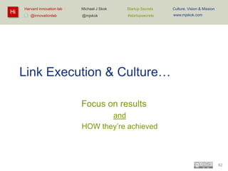 Hi

Harvard innovation lab :
@innovationlab

Michael J Skok :

Startup Secrets :

Culture, Vision & Mission

@mjskok

#startupsecrets

www.mjskok.com

Link Execution & Culture…
Focus on results
and
HOW they’re achieved

62

 
