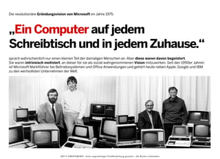 Die revolutionäre Gründungsvision von Microsoft im Jahre 1975:

„Ein Computer auf jedem
Schreibtisch und in jedem Zuhause.“
sprach wahrscheinlich nur einen kleinen Teil der damaligen Menschen an. Aber diese waren davon begeistert.
Sie waren intrinsisch motiviert, an dieser für sie als sozial wahrgenommenen Vision mitzuwirken. Seit den 1990er Jahren
ist Microsoft Marktführer bei Betriebssystemen und Office-Anwendungen und gehört heute neben Apple, Google und IBM
zu den wertvollsten Unternehmen der Welt.

2013 © GREENKERN - keine ungenehmigte Veröffentlichung gestattet - alle Rechte vorbehalten

 