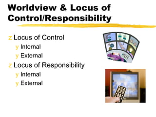 Worldview & Locus of
Control/Responsibility

z Locus of Control
  y Internal
  y External
z Locus of Responsibility
  y Internal
  y External
 