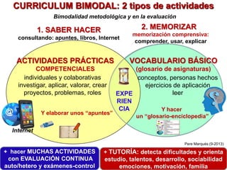 CURRICULUM BIMODAL: 2 tipos de actividades
Bimodalidad metodológica y en la evaluación

2. MEMORIZAR

1. SABER HACER
consu...