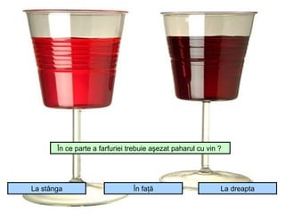În ce parte a farfuriei trebuie aşezat paharul cu vin ?




La stânga                       În faţă                      La dreapta
 
