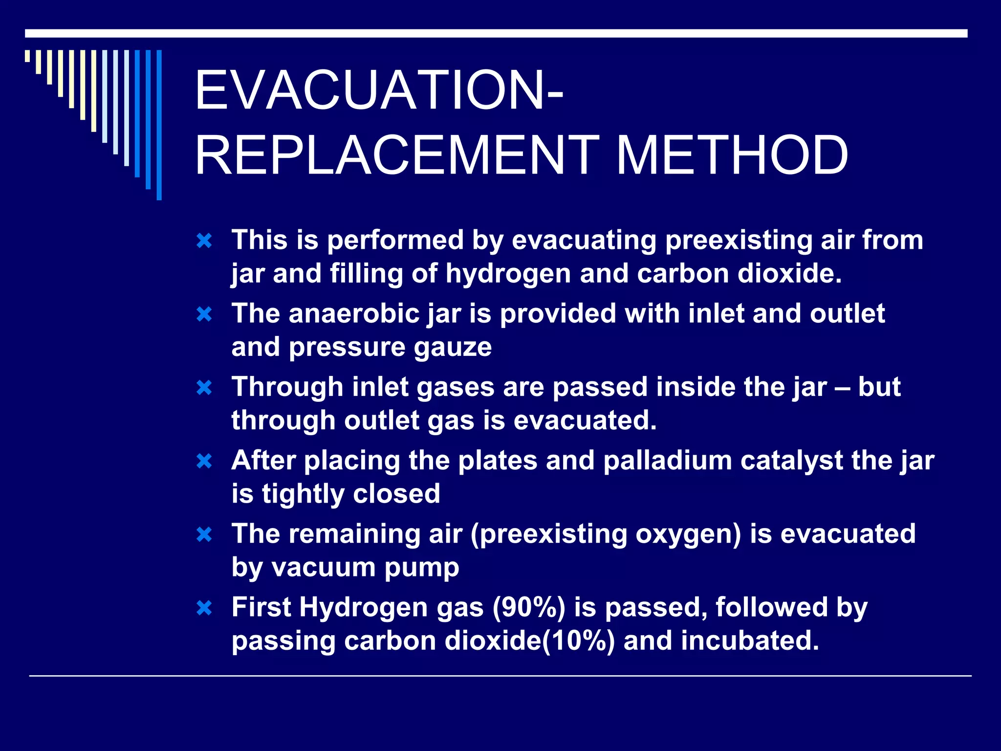 EVACUATION-
REPLACEMENT METHOD
 This is performed by evacuating preexisting air from
jar and filling of hydrogen and carbon dioxide.
 The anaerobic jar is provided with inlet and outlet
and pressure gauze
 Through inlet gases are passed inside the jar – but
through outlet gas is evacuated.
 After placing the plates and palladium catalyst the jar
is tightly closed
 The remaining air (preexisting oxygen) is evacuated
by vacuum pump
 First Hydrogen gas (90%) is passed, followed by
passing carbon dioxide(10%) and incubated.
 