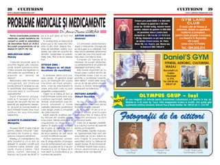 28 5 CULTURISM                                                                                                                                                                 CULTURISM 5 29



PROBLEME MEDICALE ßI MEDICAMENTE
www.culturism.freeservers.com                                                                                                                                                           www.culturism.freeservers.com



                                                                                                                                    Vindem prin po[t` BARE Z la 550.000             GYM LAND
                                                                                                                                       lei; discuri cu gaur` de Ø 30 mm               CLUB
                                                                                                                                   pre]ul de 19.000 lei/Kg, inclusiv taxele      O nou` sal` de fitness [i
                                                                                                                                   po[tale; m~nere de gantere la 250.000       culturism, dotat` cu aparatur`
                                                         D r. An ca-I leana G UR åU                                                     lei perechea; discuri pentru bar`          modern` [i complex`,
   Pentru eventualele probleme       pe zi te pot ajuta s` nu-]i mai       ANTON MARIUS -                                          olimpic` cu Ø 50 mm de 15-10-5-2,5-        pentru toate grupele musculare,




                                                                                                                                  O
medicale, pute]i beneficia de        fie foame.                            Urziceni                                                1,25 Kg. Comenzile se pot face în scris       s-a deschis n Bucure[ti,
consult cu plat` la Laboratorul         çn acela[I timp ar trebui s` te                                                               pe adresa Cri[an Lucian, str. Petru                vila Loyall
de Dezvoltare Fizic` al I.N.M.S.     preocupi [i de exerci]iul fizic         Cicatrizarea abdomenului                               Maior 56, loc. Reghin, jud. Mure[ sau          (zona circa 13 Poli]ie)




                                                                                                                                .R
Bucure[ti program~ndu-v` la          (dar nu [tiu nimic despre tine -      dup` o interven]ie chirurgical`                                  la telefonul 094.156.614
telefon 01.324.91.78/ 160.           stare de s`n`tate, v~rst`, ocu-       se face greu [i cu r`bdare, mai                                                                          Tel.: 094.845.814
                                     pa]ie), pe care s`-l practici sis-    ales dac` peretele abdominal


                                                                                                                                                                  Daniel’S GYM
MOLDOVAN IOSIF -                     tematic, bineîn]eles la posibili-     nu este de cea mai bun` cali-




                                                                                                                   M
Petrila                              t`]ile tale. Mai scrie-mi despre      tate (a[a cum este la tine).
                                     tine.                                   Consider c` trebuie s` ai
   Chisturile sinoviale apar în                                            r`bdare, s` lucrezi abdomen
                                                                                                                                                                    FITNESS, AEROBIC, CULTURISM,




                                                                                                                 IS
anumite regiuni ale corpului,        STOIAN EMIL -                         cu perseveren]` [i vei putea s`
unde exist` suprasolicitare.         Str. M`gura nr. 40 (f`r`              dep`[e[ti momentul critic.                                                                MASAJ
Chistul sinovial are leg`tur` cu     localitate de re[edin]`)                Este foarte important s` nu                                                           Bucure[ti s.4,
articula]ia de vecin`tate [i re-                                           începi prea cur~nd efortul de                                                               Calea




                                                                                                     R
prezint` un “semnal de                   çn scrisoare afirmi c`-]i tros-   intensitate mare, care nu va                                                              V`c`re[ti
alarm`”.                             nesc umerii. çn general acest         permite o cicatrizare corect`,                                                              nr 276.
   Rezolvarea este într-adev`r       lucru se înt~mpl` din cauza           f`r` defect. Uneori este nece-




                                                                                                    U
                                                                                                                                                                   Tel 330.82.46;
chirurgical`, dar chistul se         mi[c`rilor de mare amplitu-           sar un an de zile p~n` c~nd se                                                            330.87.47
poate reface în acela[i loc sau      dine, care se efectueaz` la           revine la forma abdominal`




                                                                                      LT
în vecin`tate, dac` segmentul        unele articula]ii care nu sunt        anterioar` accidentului.
articular este în continuare         preg`tite corespunz`tor.
                                                                           ROTARU ANDREI -
                                                                                                                                           OLYMPUS GRUP - Ia[i
suprasolicitat.                          Ceea ce ar trebui s` faci ar
   Dup` interven]ia chirurgi-        fi s`-]i înt`re[ti foarte bine mus-   Ude[ti Suceava
cal` ar fi necesar s` faci o         culatura pectoral`, deltoizii,                                                      un nou magazin cu articole pentru practicarea culturismului s-a deschis în Ia[i, str.
                                                                                                                 NOU
                                                                             U
pauz` de cel pu]in trei luni de      dorsalii, musculatura care îm-           Te rog s` cite[ti cu aten]ie               S`r`riei nr. 6 (în zona Tg. Cucu, între magazinele Avalon [i Avatti). Aici pute]i g`si
exerci]ii pe segmentul respec-       brac` omopla]ii [i toate              r`spunsul pe care i l-am dat lui              suplimente nutritive Universal, Natural Plus [i Redis Nutri]ie. Tel.: 092.87.63.11; 216.769
tiv, s` por]i un bandaj elastic [i   celelalte elemente anatomice          Anton Marius din Urziceni.
                                                                     C

s`-]i înt`re[ti foarte bine mus-     care leag` umerii [i omopla]ii           Tu ai numai 14 ani [i la a-
culatura din jurul articula]iei      de cutia toracic`.                    ceast` v~rst` practicarea
respective.                              Exist` exerci]ii analitice pen-   exerci]iului fizic ar trebui s` te
                                                             P


                                     tru fiecare din aceste grupe          dezvolte armonios, nu s`-]i
ACSINTE FLORENTINA -                 musculare. Medicamentele [i           provoace dureri.
                                               O



Mangalia                             unguentele nu rezolv` pro-               Cred c` ai dep`[it cantit`]i-
                                     blema. çn leg`tur` cu durerea         le [i volumul normal de exerci]ii
   Produsul SILUET R este indicat    de la [old, ar trebui s` faci o       pentru un încep`tor.
                                              T




pentru sl`bire, întruc~t “taie”      radiografie de bazin, centrat`           Articula]iile, fasciile muscula-
senza]ia de foame [i, deci,          pe locul dureros, s` vezi dac`        re, ligamentele tale sunt ale
reduce consumul alimentar.           nu sunt modific`ri osoase.            unui b`iat de 14 ani, adic` re-
   çn]eleg c` metabolismul t`u           Av~nd asemenea proble-            lativ fragile. çn practicarea
este încetinit [i c` ai dori s`      me, î]i atrag aten]ia c` progra-      exerci]iilor fizice nu trebuie s`
sl`be[ti. çn aceste condi]ii po]i    mul de antrenament pe care îl         apar` durere. ç]i recomand s`-
consuma carne, br~nz`, ou`,          urmezi ar putea s` nu ]i se po-       ]i înt`re[ti foarte bine muscu-
lapte, fructe [i salate - f`r`       triveasc` [i c` ar trebui s` fii      latura abdominal` [i s` ai                  C oca T i be ri u                C odr e an u G oe             B a ci u G he or gh e
p~ine, cartofi, f`inoase [i          mai atent cu înc`rc`tura [i cu        r`bdare s` te mai dezvol]i. s                  R `d `u ] i                       F` g` ra [               C om`n e [t i , B a c` u
dulciuri, iar 2 por]ii de SILUET R   num`rul de repet`ri.
 