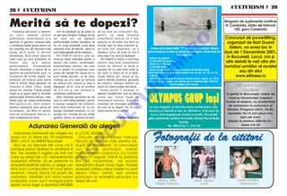 CULTURISM  29
28  CULTURISM


Merit` s` te dopezi?
   Folosirea steroizilor a devenit        Unii se dopeaz` ca s` arate ca         s` se lase de culturism? Nu,
                                                                                                                                                                                               Magazin de suplimente nutritive
                                                                                                                                                                                               n Constan]a, sta]ia de tramvai
                                                                                                                                                                                                    100, gara Constan]a
un lucru obi[nuit printre              nu [tiu care campion. çi asigur pe to]i   pentru c` dac` practic`
practican]ii culturismului [i a        cei care vor s` egaleze                   culturismul natural va fi mai                                                                                 Concursul de powerlifting,




                                                                                                                                                O
sportului n general. Aceasta este     performan]ele marilor campioni, c`        puternic [i va ar`ta mai bine ca                                                                                organizat de Bart Guard
o problem` foarte grav` pentru c`      nu vor reu[i niciodat`, chiar dac`        oricine care nu face culturism [i,
                                                                                                                          Vindem prin po[t` BARE “Z” produc]ie Germania. Barele                   Sistem, va avea loc n




                                                                                                                                              .R
din ne[tiin]` sau din l`comie mul]i    consum` tone de steroizi, dac` nu         ce este mai important, va fi
ajung s`-si pun` n pericol            sunt dota]i genetic s` fie campioni.      s`n`tos, lucru de care nu pot fi       sunt prev`zute cu filet [i piuli]e de str~ngere. Pre]ul este de        ziua de 1 Decembrie 2001,
                                                                                                                                                 980.000 lei
s`n`tatea. Sunt dese cazurile
celor care au avut probleme cu
                                          Am nt~lnit oameni care au
                                       ncercat toate metodele pentru a
                                                                                 prea siguri cei care se dopeaz`.
                                                                                    Am nt~lnit in urm` cu mult timp    - m~nere de gantere                                                     n Bucure[ti. Locul, ora [i
                                                                                                                          la 330.000 lei perechea;                                              alte detalii le ve]i afla din




                                                                                                                                   M
ficatul      sau     le-a    ap`rut    deveni mai masivi: alimenta]ie,           sportivi care erau consumatori         - discuri cu Ø 50 mm
ginecomastia.         Excaladarea      suplimenta]ie, steroizi, dar care         nr`i]i de steroizi [i dac` le           la 22.000 lei/Kg;                                                    num`rul urm`tor al revistei
folosirii steroizilor a plecat de la   pur [i simplu nu progresau cum            spuneai c` nu este bine ceea ce        - discuri cu gaur` de Ø 30 mm la pre]ul de 25.000 lei/Kg;
sportivii de performan]` care, n      vroiau de repede din cauz` c` nu          fac erau n stare s` te [i bat`.       *m`rimea discurilor la ambele modele este de 20; 15; 10; 5; 2,5;               sau din situl




                                                                                                                        IS
momente de form` slab`, se             erau dota]i genetic [i se uitau           Dup` c~]iva ani, dup` ce au             1,25 kg.                                                                     www.efitness.ro
                                                                                                                          Comenzile se pot face în scris pe adresa Cri[an Lucian, str. Petru
hot`resc s` for]eze pu]in p~n`         invidio[i pe unul care se antrena         ap`rut diferite probleme generate
                                                                                                                           Maior 56, loc. Reghin, jud. Mure[ sau la telefonul 094.156.614.
intr` n form`. Mul]i g~ndesc c`       de c~teva luni natural [i deja l         de steroizi, aceia[i oameni au                              taxele po[tale sunt incluse.                           D or i ] i o sa l ` c u d ot ` r i




                                                                                                           R
folosesc o dat`, cresc, dup`           dep`[ise, pe el, care se antrena          ajuns s` urasc` ace[ti stimulen]i.
aceea vor renun]a. Foarte gre[it!      de 2-3 ani [i mai folosea [i                 Acest articol l adresez n                                                                                              c om p l e t e ?


                                                                                                                         OLYMPUS GRUP Ia[i
Dup` ce ai ajuns rapid la anumite      substan]e anabolizante.                   special ncep`torilor care la sfatul                                                                           O g`si]i n Bucure[ti, sta]ia de




                                                                                                          U
performan]e folosind steroizi, este       Deci, folosirea steroizilor de cei     unora sau altora ncep s`                                                                                         metrou Groz`ve[ti (cap`tul
foarte greu s` repe]i performan]a      care nu sunt dota]i genetic, pentru       foloseasc` steroizi. Este plin                                                                                 nchis al sta]iei), cu posibilit`]i
f`r` ajutorul lor, devii sclavul       a ajunge campioni de culturism            internetul de ncuraj`ri [i sfaturi
                                                                                                                                                                                                  de antrenare la culturism [i




                                                                                            LT
acestor substan]e care ajung s`        este total ineficient`. Ei nu vor         de cum s` te dopezi. Nu v` lua]i        un nou magazin cu articole pentru practicarea cultu-
                                                                                                                                                                                                 fitness. Program zilnic 10-20;
te conduc`, pe c~nd un sportiv         ajunge niciodat` campioni, nu vor         dup` oricine c` nu merit`!             rismului s-a deschis în Ia[i, str. S`r`riei nr. 6 (în zona Tg.
care se antreneaz` natural nu          ajunge s`-i nving` pe cei dota]i                                                  Cucu, între magazinele Avalon [i Avatti). Aici pute]i                  s~mb`ta 10-15 (vii c~nd vrei,
este condi]ionat de nimic.             genetic. Atunci ce trebuie s` fac`,                       Cristian Dulgheru      g`si suplimente nutritive Universal, Natural Plus [i Redis                         stai c~t vrei).
                                                                                                                                                 Nutri]ie.                                        Rela]ii la telefon: 686.00.23 -
                                                                                   U
                Adunarea General` de alegeri                                                                                           Tel.: 092.87.63.11; 216.769                                          dup` ora 20
                                                                          C
   Adunarea General` de alegeri va                         [i a O.G. 26/2000
 avea loc n data de 10 noiembrie                             Oricum reorganizarea trebuie
 2001, ora 9, la ANEFS Bucure[ti.                          f`cut` de fiecare club pentru c`,
                                                                  P

   Aici se va decide din cine va fi                        dup` 10 noiembrie, la concursuri
 compus biroul federal n urm`torii 4                      vor putea participa numai
                                                         O


 ani. De aceea i rug`m pe to]i cei                        componen]ii cluburilor cu toate
 care au drept de vot, reprezentan]ii                      actele n regul`. P~n` la [edin]a
                                                 T



 cluburilor afiliate, s` se prezinte la                    din 10 noiembrie, v` pute]i
 aceast` [edin]` pentru a alege cei                        reorganiza dup` noua lege. Actele
 mai buni conduc`tori n noul birou                        dureaz` c~teva zile [i taxele nu sunt
 federal. Veni]i dac` v` pas` de                           deloc mari, astfel ve]i putea
 culturism. Aten]ie! Vor vota numai                        participa la aceast` adunare cu
 cluburile care sunt reorganizate                          drept de vot.                                                        G` it a n Ni c u                    Ra du St e f an                     Be rc i u C ri s ti a n
                                                                                                                               Ud e[ ti , Suc e ava                     A ra d                           C l uj -Na p oca
 dup` noua lege a sportului 69/2000
 