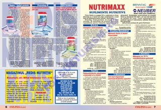 NUTRIMAXX
     Supro – Izolat proteic                                    Protwhey–R                                       PROTEINMIX
    100% din soia                                        Concentrat proteic                               Concentrat proteic din
        Soia este o surs` foarte valoroas`               din zer                                          zer, lapte [i albu[ de ou
    de proteine, fapt pentru care a devenit
    larg utilizat` n lumea sportului. Pro-
    teina din soia con]ine un procent cres-
                                                                                                              Despre calit`]ile proteinelor de dife-
                                                                                                          rite provenien]e avem diverse infor-                       SUPLIMENTE NUTRITIVE
                                                                                                          ma]ii. Despre un tip de protein` [tim c`
    cut (35%) din aminoacizii glutamin`, li-                                                              are absorb]ie rapid`, despre alt tip c`           Firma Redis s-a angajat ntr-o colaborare cu firma                       alimentar`. Substan]ele comercializate de aceast`
               zin` [i al]ii din categoria celor
                cu caten` ramificat`, fa]` de
                                                                                                          are un anumit aminoacid cu efect ana-          Brenntag [i a lansat pe pia]a româneasc` o nou`                             firm` au standardul ISO 9001, cel mai nalt standard
                                                                                                          bolic n cantit`]i mari sau despre alta        linie de suplimente pentru sportivi, Nutrimaxx.                             de calitate din lume. Toate substan]ele sunt
                 proteinele de origine ani-                                                               c` are efectul nutritiv cel mai bun
                 mal`. De asemenea, soia                                                                                                                    Brenntag, firm` german`, se ocup`, la nivel                              analizate riguros n laboratoare, calitatea fiec`rui lot
                                                                                                          pentru organismul omului, fiecare tip
                 este bogat` n arginin`, un                                                                                                             mondial, de distribu]ia de produse chimice [i                               fiind garantat`.




                                                                                                                                                                                     O
                                                                                                          de protein` avånd o caracteristic` care
                 aminoacid cu implica]ii n                                                               o recomand` pentru cre[terea perfor-           ingrediente pentru industria farmaceutic` [i                                    Iat` primele produse din gama Nutrimaxx:
                 procesele imune. Mijloacele                                                              man]ei sportive.
                 moderne de prelucrare au                                                                                                                       B.C.A.A.                                   un` cu 0,5-2 g lecitin`, pentru un efect mai           n previne catabolismul muscular (dis-
                                                                                                              Pentru a mul]umi pe toat` lumea,                                                             bun). u                                                   trugerea ]esutului muscular);
                ajuns s` extrag` din soia un




                                                                                                                                                                                   .R
                   izolat proteic cu absorb]ie
                                                                                                          am hot`råt s` cre`m un supliment care
                                                                                                          s` con]in` principalele surse de
                                                                                                                                                         Complex anticatabolic                                                   Se prezint` la cutii de:
                                                                                                                                                                                                                        100 g – 85.000 lei (8,5 lei noi)
                                                                                                                                                                                                                                                                  n mbun`t`]e[te recuperarea dup` efort;
                                                                                                                                                                                                                                                                  n stimuleaz` producerea hormonului de
                          foarte rapid` n or-                                                                                                              B.C.A.A. este un produs cu efect ana-
                              ganism [i cu o                                                              protein` de origine animal`: zer, lapte                                                                                                                    cre[tere;
                                 concentra]ie                                                             [i albu[ de ou. {i, pentru c` la noi n        bolic, ce are capacitatea de a m`ri semnifi-       Creatina Monohidrat                                   n stimuleaz` activitatea sistemului imu-
                                                                                                                                                         cativ sinteza de proteine n organism [i                                                                    nitar;
                                                                                                          ]ar` nu se produc materii prime cu o
                                  de peste 90%
                                                                                                          concentra]ie mare de proteine, am co-
                                                                                                                                                         care faciliteaz` eliberarea natural` de hor-      M`re[te for]a [i masa                                  n favorizeaz` hidrarea celular`;
                                 protein`, fiind                                                                                                         moni, precum hormonul de cre[tere (GH),




                                                                                                                                                                      M
    astfel o min` de aur pentru culturi[ti.                                                               mandat acest produs la unul dintre             IGF-1 [i insulina. De asemenea, ajut` la          muscular`                                              n cre[te produc]ia de glicogen n ficat;
                                                             Proteina din                                 marii produc`tori de                                                                                                                                    n transport` azotul n locurile n care or-
    SUPRO este un astfel de izolat proteic,                                                                                                              men]inerea unui raport favorabil testoste-           Corpul nostru produce, n mod natural,                 ganismul are cea mai mare nevoie
                                                         zer, nu numai c` asigur` „c`r`-                  concentrate pro-                               ron-cortizol.
    este fabricat de firma belgian` „Dupont              mizile“ necesare construc]iei musculare,                                                                                                          1 g de creatin` pe zi. |nc` un gram este lu-              (pentru sinteza proteic`).
    – Protein Interna]ional Tehnologies“, iar                                                             teice din Europa.                                 B.C.A.A. are un remarcabil efect antica-       at din alimenta]ie. Suplimentarea cu creati-
                                                         dar, din cauz` c` este o protein` cu ab-                                                        tabolic, prevenind distrugerea proteinelor [i                                                            Se recomand` administrarea a 5-20
                                                                                                          PROTEINMIX




                                                                                                                                                         IS
    noi nu am f`cut decåt s` o ambal`m.                                                                                                                                                                    n` m`re[te depozitele de creatinfosfat din          g/zi (0,25 g/kg corp), amestecat` cu ap`,
                                                         sorb]ie rapid`, are un efect anabolic pu-        mbin` calit`]ile                              pierderea masei musculare.                        mu[chi [i mbun`t`]e[te performan]ele
    Men]ion`m c` acest produs nu are nici                ternic prin promovarea sintezei proteine-                                                                                                                                                             sucuri, concentrate proteice etc, n mai
    un adaos de arom` sau ndulcitori, este                                                               tuturor proteinelor                               Beneficii:                                     sportive. Efectele pozitive apar la scurt           multe reprize, imediat nainte [i dup` an-
                                                         lor n timp ce simultan reduce distruge-         de origine ani-                                                                                  timp [i se men]in o lung` perioad`; se re-
    o protein` pur` cu o concentra]ie de                                                                                                                    n cea mai pur` form` de B.C.A.A.;                                                                  trenament, dar [i nainte de culcare [i ntre
                                                         rea de protein` (catabolismul). PROT-            mal`, avånd ca-                                   n mbun`t`]esc starea anabolic` natu-          marc` chiar [i o mbun`t`]ire a vitezei de
    90%, f`r` un gust anume, urmånd ca                   WHEY este produs de un mare combi-                                                                                                                                                                    mese zilnice. u
    dumneavoastr`, n momentul pre-                                                                       lit`]ile nutritive                                   ral` a organismului (m`resc sinteza         calcul matematic.                                                          Se prezint` la cutii de:
                                                         nat industrial interna]ional, care produce




                                                                                                                                          R
    par`rii, s` i da]i aroma pe care o dori]i                                                            cele mai bune.                                       de proteine);                                  Beneficii:                                                       90 g – 180.000 lei (18 lei noi)
                                                         concentrate alimentare pentru foarte                                                               n mbun`t`]esc r`spunsul metabolic                 n 100% puritate;
    cu anumite adaosuri de: lapte, zah`r,                multe firme de profil din lume.                  Concentra]ia                                                                                                                                                       200 g – 310.000 lei (31 lei noi)
    zaharin`, nutrasweet, cacao, ness,                                                                    proteic`                                             post-efort al organismului;                     n ofer` organismului energia necesar`                        300 g – 395.000 lei (39,5 lei noi)
                                                             Caracteristicile PROTWHEY:                                                                     n previn instalarea rapid` a st`rii de                sus]inerii efortului intens
    fructe etc, dup` preferin]ele fiec`ruia              – protein` cu absorb]ie rapid`                   este de
                                                                                                                                                               oboseal`;                                                                                             L-Carnitina




                                                                                                                                         U
    sau se poate consuma chiar f`r` nici un                                                               85%                                                                                                  n m`re[te for]a muscular`;
                                                         – cre[te la maxim sinteza proteic`                                                                 n produs ideal pentru perioadele de                n mbun`t`]e[te refacerea postefort;
    adaos, dac` nu v` intereseaz` prea                                                                                                                         diet`.
    mult gustul [i aroma. Se omogenizeaz`
                                                         – valoare biologic` foarte mare
                                                         – gust foate bun                                                                                   Se recomand` administrarea a 5-10
                                                                                                                                                                                                               n cre[te volumul celular;                       M`re[te cu 70 %
                                                                                                                                                                                                               n cre[te hidrarea celular`.
    foarte bine n ap`. Comenzile se fac pe              – concentra]ia de proteine este de                                                              g/zi (0,1 g/kg corp), n mai multe reprize,           Se recomand` administrarea timp de 5            metabolizarea gr`simii




                                                                                                                      LT
    adresa [i la telefoanele redac]iei.                    81%.                                                                                          imediat nainte [i dup` antrenament, dar [i       zile (faza de nc`rcare) a 10-20 g pe zi (m-
                                  Se prezint` la:                                                                                                        nainte de culcare [i ntre mese zilnice. u                                                               Este o substan]` a c`rei func]ie princi-
                                                                                      Se prezint` la:                                 Se prezint` la:                                                      p`r]it` n mai multe por]ii), urmat` de de 5        pal` este de a facilita transportul [i meta-
        Cutii de 750 g – 170.000 lei (17 lei noi)            Cutii de 0,9 kg – 410.000 lei (41 lei noi)                                                                         Se prezint` la cutii de:
        S`cule]i de 2 kg – 360.000 lei (36 lei noi)                                                       Cutii de 900 g – 445.000 lei (44,5 lei noi)                                                      g/zi n faza de men]inere. Doza se admi-            bolismul acizilor gra[i n celul`, unde sunt
                                                             G`le]i de 2 kg – 820.000 lei (82 lei noi)      G`le]i de 2 kg – 890.000 lei (89 lei noi)                   90 g – 170.000 lei (17 lei noi)    nistreaz` [i n zilele de pauz`. Se poate           oxida]i [i transforma]i n energie.
        G`le]i de 2 kg – 390.000 lei (39 lei noi)                    Plicuri f`r` arome [i ndulcitori                                                                 200 g – 330.000 lei (33 lei noi)
                Plicuri f`r` arome [i ndulcitori                                                                    Plicuri f`r` arome [i ndulcitori                                                     amesteca cu ap`, lapte sau suc. Utilizarea              |n afara mbun`t`]irii performan]elor at-
                                                                    de 40 g – 25.000 lei (2,5 lei noi)              de 40 g – 25.000 lei (2,5 lei noi)                 300 g – 430.000 lei (43 lei noi)    concomitent` a dextrozei este op]ional`.u           letice [i a st`rii de s`n`tate a aparatului
               de 40 g – 12.000 lei (1,2 lei noi)                                                                                                                                    BCAA 90 capsule                                Se prezint` la cutii de:   cardiovascular, L-Carnitina este util` n ca-
                                                                                                           U                                                      de 500 mg – 170.000 lei (17 lei noi)

                                                                                                                                                                  Taurina
                                                                                                                                                                                                                             90 g – 85.000 lei (8,5 lei noi)
                                                                                                                                                                                                                        300 g – 195.000 lei (19,5 lei noi)
                                                                                                                                                                                                                                                               zul persoanelor supraponderale sau obe-
                                                                                                                                                                                                                                                               ze, care doresc s` sl`beasc`.

MAGAZINUL „REDIS NUTRI}IE“                                                                                                                                                                                              500 g – 295.000 lei (29,5 lei noi)         Studiile au demonstrat c` administrarea
                                                                                                             Comenzile se fac n scris                   |mbun`t`]e[te s`n`tatea                                                                               a 2 g de L-Carnitin` pe zi mpreun` cu un
                                                                                                                pe adresa redac]iei
                                                                                                  C
                                                                                                                                                         creierului [i a inimii                                  L-Glutamina                                   program de exerci]ii [i regim alimentar au
                                                                                                                    sau telefonic                                                                                                                              produs o sc`dere semnificativ` a greut`]ii
                                                                                                                                                                                                           Cel mai important                                   corporale.
Bucure[ti, str. Mihai Eminescu 114 – 116                                                                  (inclusiv sâmb`ta [i duminica)                    Taurina este o substan]` ce se g`se[te
                                                                                                                                                         n ou`, pe[te, carne [i lapte [i este materie     aminoacid pentru sportivi
                                                                                                                                                                                                                                                                   Suplimentarea cu L-Carnitin` poate m`-
                                                                                       P

                                                                                                                                                         prim` pentru to]i ceilal]i aminoacizi.                                                                ri cu pån` la 70% cantitatea de gr`sime
                                                                                                                                                                                                                                                               metabolizat` de organism.
   Magazin de unde pute]i                               La magazin se poate ajunge                              021/225.70.46;                              Taurina [i lecitina sunt necesare pentru
                                                                                                                                                         metabolizarea gr`similor, previn formarea
                                                                                                                                                                                                               Glutamina reprezint` 60% din totalul
                                                                                                                                                                                                           aminoacizilor liberi din mu[chi [i 20% din             Beneficii:
cump`ra tot ce ave]i nevoie                           foarte u[or de la sta]iile de                          225.50.57; 225.45.68                        calculilor biliari, favorizeaz` absorb]ia vita-   totalul aminoacizilor circulan]i n organism.          n acceleraz` metabolismul lipidelor, fa-
                                                                           O


                                                                                                                                                         minelor liposolubile, mbun`t`]esc starea             Glutamina combate supraantrenamentul
pentru practicarea culturismului                      metrou „Pia]a Roman`“ sau                                 0744.63.22.94                            de s`n`tate a inimii, asigur` suportul ne-        [i stimuleaz` cre[terea masei musculare.
                                                                                                                                                                                                                                                               vorizånd oxidarea lor la nivel celular;
                                                                                                                                                                                                                                                                  n mobilizeaz` depozitele de gr`sime;
[i fitnessului: suplimente nutri-                     „{tefan cel Mare“, n circa 5                             0722.24.47.83;                           cesar sintezei neurotransmi]`torilor [i au
                                                                                                                                                         efect protector asupra creierului.
                                                                                                                                                                                                               |n timpul efortului fizic, organismul pier-
                                                                                                                                                                                                           de o cantitate important` de aminoacizi,
                                                                                                                                                                                                                                                                  n m`re[te performan]ele fizice [i rezis-
tive, (Redis Nutri]ie, Universal,                                                                               0744.324.645;                               Beneficii:                                     printre care [i glutamina. Se ajunge astfel
                                                                                                                                                                                                                                                               ten]a la efort;
                                                                 T



                                                      minute de mers pe jos.                                                                                                                                                                                      n reduce nivelul colesterolului [i triglice-
Nutrimaxx), accesorii, echi -                                                                                    0788.571.181                               n mbun`t`]e[te digestia gr`similor;           ntr-o stare catabolic`, caracterizat` de dis-
                                                                                                                                                                                                           trugerea ]esutului muscular, n scopul pro-
                                                                                                                                                                                                                                                               ridelor.

pamente etc. Aici s-a deschis [i                                 PROGRAM                                      fax: 021/225.70.46                            n amelioreaz` s`n`tatea creierului;
                                                                                                                                                            n efect benefic asupra inimii;                 ducerii de aminoacizi liberi.
                                                                                                                                                                                                                                                                  Se recomand` administrarea a 1-2 gra-
                                                                                                                                                                                                                                                               me pe zi, cu 30-60 minute naintea antre-
                                                                                                                                                                                                               Suplimentarea cu glutamin` ajut` la in-
un stand de prezentare [i                                    luni – vineri: 11 – 17                         sau la: www.redis.ro                            n asigur` materie prim` pentru produc-
                                                                                                                                                                                                           versarea procesului de distrugere muscu-            namentului. u
                                                                                                                                                               ]ia altor aminoacizi;                                                                                                  Se prezint` la cutii de:
                                                                                                                                                                                                           lar` provocat` de efortul intens.
vånzare al firmei produc`toare                                 såmb`t`: 11 – 14                             Plata se face la primirea
                                                                                                                                                            n efect antioxidant;
                                                                                                                                                                                                               Exper]ii sunt de acord c` glutamina re-                         30 g – 170.000 lei (17 lei noi)
                                                                                                                                                            n cre[te mobilitatea spermatozoizilor;                                                                           50 g – 295.000 lei (29,5 lei noi)
de echipament sportiv, X-treme                          Orice informa]ii ob]ine]i la tel.                                                                                                                  prezint` cel mai important aminoacid pen-
                                                                                                          coletului, pre]urile incluzând                    n efect benefic n epilepsii, hipoglicemie,
                                                                                                                                                                                                           tru sportivi.                                                      100 g – 520.000 lei (52 lei noi)
                                                                                                                                                               anxietate, hipertensiune arterial`.
Equipment.                                            212.49.03                                                  [i taxele po[tale                          Se recomand` administrarea a 0,5 - 1g             Efectele glutaminei:                                u M`sura din interiorul flacoanelor,
                                                                                                                                                         nainte uneia dintre mese (eventual mpre-           n favorizeaz` sinteza proteinelor;               ras`, con]ine 1 g de pudr`.

6                         &FITNESS                                                                                                                                                                                                                                                    &FITNESS
                                                                                                                                                                                                                                                                                                          7
 