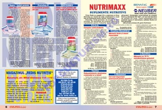 NUTRIMAXX
     Supro – Izolat proteic                                   Protwhey–R                                       PROTEINMIX
    100% din soia                                       Concentrat proteic                               Concentrat proteic din
        Soia este o surs` foarte valoroas`              din zer                                          zer, lapte [i albu[ de ou
    de proteine, fapt pentru care a devenit
    larg utilizat` n lumea sportului. Pro-
    teina din soia con]ine un procent cres-
                                                                                                             Despre calit`]ile proteinelor de dife-
                                                                                                         rite provenien]e avem diverse infor-                       SUPLIMENTE NUTRITIVE
                                                                                                         ma]ii. Despre un tip de protein` [tim c`
    cut (35%) din aminoacizii glutamin`, li-                                                             are absorb]ie rapid`, despre alt tip c`           Firma Redis s-a angajat ntr-o colaborare cu firma                       alimentar`. Substan]ele comercializate de aceast`
               zin` [i al]ii din categoria celor
                cu caten` ramificat`, fa]` de
                                                                                                         are un anumit aminoacid cu efect ana-          Brenntag [i a lansat pe pia]a româneasc` o nou`                             firm` au standardul ISO 9001, cel mai nalt standard
                                                                                                         bolic n cantit`]i mari sau despre alta        linie de suplimente pentru sportivi, Nutrimaxx.                             de calitate din lume. Toate substan]ele sunt
                 proteinele de origine ani-                                                              c` are efectul nutritiv cel mai bun
                 mal`. De asemenea, soia                                                                                                                   Brenntag, firm` german`, se ocup`, la nivel                              analizate riguros n laboratoare, calitatea fiec`rui lot
                                                                                                         pentru organismul omului, fiecare tip
                 este bogat` n arginin`, un                                                                                                            mondial, de distribu]ia de produse chimice [i                               fiind garantat`.




                                                                                                                                                                                    O
                                                                                                         de protein` avånd o caracteristic` care
                 aminoacid cu implica]ii n                                                              o recomand` pentru cre[terea perfor-           ingrediente pentru industria farmaceutic` [i                                    Iat` primele produse din gama Nutrimaxx:
                 procesele imune. Mijloacele                                                             man]ei sportive.
                 moderne de prelucrare au                                                                                                                      B.C.A.A.                                   un` cu 0,5-2 g lecitin`, pentru un efect mai           n previne catabolismul muscular (dis-
                                                                                                             Pentru a mul]umi pe toat` lumea,                                                             bun). u                                                   trugerea ]esutului muscular);
                ajuns s` extrag` din soia un




                                                                                                                                                                                  .R
                   izolat proteic cu absorb]ie
                                                                                                         am hot`råt s` cre`m un supliment care
                                                                                                         s` con]in` principalele surse de
                                                                                                                                                        Complex anticatabolic                                                   Se prezint` la cutii de:
                                                                                                                                                                                                                       100 g – 85.000 lei (8,5 lei noi)
                                                                                                                                                                                                                                                                 n mbun`t`]e[te recuperarea dup` efort;
                                                                                                                                                                                                                                                                 n stimuleaz` producerea hormonului de
                          foarte rapid` n or-                                                                                                             B.C.A.A. este un produs cu efect ana-
                              ganism [i cu o                                                             protein` de origine animal`: zer, lapte                                                                                                                    cre[tere;
                                 concentra]ie                                                            [i albu[ de ou. {i, pentru c` la noi n        bolic, ce are capacitatea de a m`ri semnifi-       Creatina Monohidrat                                   n stimuleaz` activitatea sistemului imu-
                                                                                                                                                        cativ sinteza de proteine n organism [i                                                                    nitar;
                                                                                                         ]ar` nu se produc materii prime cu o
                                  de peste 90%
                                                                                                         concentra]ie mare de proteine, am co-
                                                                                                                                                        care faciliteaz` eliberarea natural` de hor-      M`re[te for]a [i masa                                  n favorizeaz` hidrarea celular`;
                                 protein`, fiind                                                                                                        moni, precum hormonul de cre[tere (GH),




                                                                                                                                                                     M
    astfel o min` de aur pentru culturi[ti.                                                              mandat acest produs la unul dintre             IGF-1 [i insulina. De asemenea, ajut` la          muscular`                                              n cre[te produc]ia de glicogen n ficat;
                                                                                                         marii produc`tori de                                                                                                                                    n transport` azotul n locurile n care or-
    SUPRO este un astfel de izolat proteic,                                                                                                             men]inerea unui raport favorabil testoste-           Corpul nostru produce, n mod natural,                 ganismul are cea mai mare nevoie
                                                            Proteina din zer, nu numai                   concentrate pro-                               ron-cortizol.
    este fabricat de firma belgian` „Dupont             c` asigur` „c`r`mizile“ necesare con-                                                                                                             1 g de creatin` pe zi. |nc` un gram este lu-              (pentru sinteza proteic`).
    – Protein Interna]ional Tehnologies“, iar                                                            teice din Europa.                                 B.C.A.A. are un remarcabil efect antica-       at din alimenta]ie. Suplimentarea cu creati-
                                                        struc]iei musculare, dar, din cauz` c`                                                          tabolic, prevenind distrugerea proteinelor [i                                                            Se recomand` administrarea a 5-20
                                                                                                         PROTEINMIX




                                                                                                                                                        IS
    noi nu am f`cut decåt s` o ambal`m.                                                                                                                                                                   n` m`re[te depozitele de creatinfosfat din          g/zi (0,25 g/kg corp), amestecat` cu ap`,
                                                        este o protein` cu absorb]ie rapid`, are         mbin` calit`]ile                              pierderea masei musculare.                        mu[chi [i mbun`t`]e[te performan]ele
    Men]ion`m c` acest produs nu are nici               un efect anabolic puternic prin promova-                                                                                                                                                              sucuri, concentrate proteice etc, n mai
    un adaos de arom` sau ndulcitori, este                                                              tuturor proteinelor                               Beneficii:                                     sportive. Efectele pozitive apar la scurt           multe reprize, imediat nainte [i dup` an-
                                                        rea sintezei proteinelor n timp ce simul-       de origine ani-                                                                                  timp [i se men]in o lung` perioad`; se re-
    o protein` pur` cu o concentra]ie de                                                                                                                   n cea mai pur` form` de B.C.A.A.;                                                                  trenament, dar [i nainte de culcare [i ntre
                                                        tan reduce distrugerea de protein` (cata-        mal`, avånd ca-                                   n mbun`t`]esc starea anabolic` natu-          marc` chiar [i o mbun`t`]ire a vitezei de
    90%, f`r` un gust anume, urmånd ca                  bolismul). PROTWHEY este produs de                                                                                                                                                                    mese zilnice. u
    dumneavoastr`, n momentul pre-                                                                      lit`]ile nutritive                                   ral` a organismului (m`resc sinteza         calcul matematic.                                                          Se prezint` la cutii de:
                                                        un mare combinat industrial interna-




                                                                                                                                         R
    par`rii, s` i da]i aroma pe care o dori]i                                                           cele mai bune.                                       de proteine);                                  Beneficii:                                                       90 g – 180.000 lei (18 lei noi)
                                                        ]ional, care produce concentrate alimen-                                                           n mbun`t`]esc r`spunsul metabolic                 n 100% puritate;
    cu anumite adaosuri de: lapte, zah`r,               tare pentru foarte multe firme de profil         Concentra]ia                                                                                                                                                       200 g – 310.000 lei (31 lei noi)
    zaharin`, nutrasweet, cacao, ness,                                                                   proteic`                                             post-efort al organismului;                     n ofer` organismului energia necesar`                         300 g – 390.000 lei (39 lei noi)
                                                        din lume.                                                                                          n previn instalarea rapid` a st`rii de                sus]inerii efortului intens
    fructe etc, dup` preferin]ele fiec`ruia                 Caracteristicile PROTWHEY:                   este de
                                                                                                                                                              oboseal`;                                                                                             L-Carnitina




                                                                                                                                        U
    sau se poate consuma chiar f`r` nici un                                                              85%                                                                                                  n m`re[te for]a muscular`;
                                                        – protein` cu absorb]ie rapid`                                                                     n produs ideal pentru perioadele de                n mbun`t`]e[te refacerea postefort;
    adaos, dac` nu v` intereseaz` prea                                                                                                                        diet`.
    mult gustul [i aroma. Se omogenizeaz`
                                                        – cre[te la maxim sinteza proteic`
                                                        – valoare biologic` foarte mare                                                                    Se recomand` administrarea a 5-10
                                                                                                                                                                                                              n cre[te volumul celular;                       M`re[te cu 70 %
                                                                                                                                                                                                              n cre[te hidrarea celular`.
    foarte bine n ap`. Comenzile se fac pe             – gust foate bun                                                                                g/zi (0,1 g/kg corp), n mai multe reprize,           Se recomand` administrarea timp de 5            metabolizarea gr`simii




                                                                                                                     LT
    adresa [i la telefoanele redac]iei.                 – concentra]ia de proteine este de                                                              imediat nainte [i dup` antrenament, dar [i       zile (faza de nc`rcare) a 10-20 g pe zi (m-
                                  Se prezint` la:                                                                                                       nainte de culcare [i ntre mese zilnice. u                                                               Este o substan]` a c`rei func]ie princi-
        Cutii de 750 g – 170.000 lei (17 lei noi)          81%.                                                                      Se prezint` la:                                                      p`r]it` n mai multe por]ii), urmat` de de 5        pal` este de a facilita transportul [i meta-
                                                                                     Se prezint` la:       Cutii de 900 g – 450.000 lei (45 lei noi)                           Se prezint` la cutii de:   g/zi n faza de men]inere. Doza se admi-            bolismul acizilor gra[i n celul`, unde sunt
        S`cule]i de 2 kg – 360.000 lei (36 lei noi)                                                                                                                    90 g – 170.000 lei (17 lei noi)
        G`le]i de 2 kg – 390.000 lei (39 lei noi)           Cutii de 0,9 kg – 410.000 lei (41 lei noi)      G`le]i de 2 kg – 890.000 lei (89 lei noi)                                                     nistreaz` [i n zilele de pauz`. Se poate           oxida]i [i transforma]i n energie.
                                                            G`le]i de 2 kg – 820.000 lei (82 lei noi)               Plicuri f`r` arome [i ndulcitori                 200 g – 330.000 lei (33 lei noi)    amesteca cu ap`, lapte sau suc. Utilizarea              |n afara mbun`t`]irii performan]elor at-
                Plicuri f`r` arome [i ndulcitori                                                                                                                     300 g – 430.000 lei (43 lei noi)
               de 40 g – 12.000 lei (1,2 lei noi)                   Plicuri f`r` arome [i ndulcitori              de 40 g – 25.000 lei (2,5 lei noi)                                                     concomitent` a dextrozei este op]ional`.u           letice [i a st`rii de s`n`tate a aparatului
                                                                   de 40 g – 25.000 lei (2,5 lei noi)                                                                               BCAA 90 capsule                                Se prezint` la cutii de:   cardiovascular, L-Carnitina este util` n ca-
                                                                                                          U                                                      de 500 mg – 170.000 lei (17 lei noi)

                                                                                                                                                                 Taurina
                                                                                                                                                                                                                              90 g – 90.000 lei (9 lei noi)
                                                                                                                                                                                                                         300 g – 190.000 lei (19 lei noi)
                                                                                                                                                                                                                                                              zul persoanelor supraponderale sau obe-
                                                                                                                                                                                                                                                              ze, care doresc s` sl`beasc`.

MAGAZINUL „REDIS NUTRI}IE“
                                                                                                                                                                                                                                                                  Studiile au demonstrat c` administrarea
                                                                                                            Comenzile se fac n scris                                                                                    500 g – 290.000 lei (29 lei noi)
                                                                                                               pe adresa redac]iei                      |mbun`t`]e[te s`n`tatea                                                                               a 2 g de L-Carnitin` pe zi mpreun` cu un
                                                                                                 C
                                                                                                                                                        creierului [i a inimii                                  L-Glutamina                                   program de exerci]ii [i regim alimentar au
                                                                                                                   sau telefonic                                                                                                                              produs o sc`dere semnificativ` a greut`]ii
                                                                                                         (inclusiv sâmb`ta [i duminica)                                                                   Cel mai important                                   corporale.
Bucure[ti, str. Mihai Eminescu 114 – 116                                                                                                                   Taurina este o substan]` ce se g`se[te
                                                                                                                                                        n ou`, pe[te, carne [i lapte [i este materie     aminoacid pentru sportivi
                                                                                                                                                                                                                                                                  Suplimentarea cu L-Carnitin` poate m`-
                                                                                      P

                                                                                                                                                        prim` pentru to]i ceilal]i aminoacizi.                                                                ri cu pån` la 70% cantitatea de gr`sime
                                                                                                               021/300.75.46;                              Taurina [i lecitina sunt necesare pentru           Glutamina reprezint` 60% din totalul            metabolizat` de organism.
   Magazin de unde pute]i                               La magazin se poate ajunge                          350.50.57; 351.85.68                        metabolizarea gr`similor, previn formarea         aminoacizilor liberi din mu[chi [i 20% din             Beneficii:
                                                                                                                                                        calculilor biliari, favorizeaz` absorb]ia vita-   totalul aminoacizilor circulan]i n organism.
cump`ra tot ce ave]i nevoie                           foarte u[or de la sta]iile de                            0744.63.22.94;                                                                                                                                    n acceleraz` metabolismul lipidelor, fa-
                                                                          O


                                                                                                                                                        minelor liposolubile, mbun`t`]esc starea             Glutamina combate supraantrenamentul            vorizånd oxidarea lor la nivel celular;
pentru practicarea culturismului                      metrou „Pia]a Roman`“ sau                                0722.24.47.83;                           de s`n`tate a inimii, asigur` suportul ne-        [i stimuleaz` cre[terea masei musculare.               n mobilizeaz` depozitele de gr`sime;
                                                                                                                                                        cesar sintezei neurotransmi]`torilor [i au            |n timpul efortului fizic, organismul pier-        n m`re[te performan]ele fizice [i rezis-
[i fitnessului: suplimente nutri-                     „{tefan cel Mare“, n circa 5                            0744.324.645;                            efect protector asupra creierului.                de o cantitate important` de aminoacizi,            ten]a la efort;
tive, (Redis Nutri]ie, Universal,                                                                                                                          Beneficii:                                     printre care [i glutamina. Se ajunge astfel
                                                                                                               0724.579.149;
                                                                T



                                                      minute de mers pe jos.                                                                                                                              ntr-o stare catabolic`, caracterizat` de dis-
                                                                                                                                                                                                                                                                 n reduce nivelul colesterolului [i triglice-
                                                                                                                                                           n mbun`t`]e[te digestia gr`similor;                                                               ridelor.
Nutrimaxx), accesorii, echi -                                                                                   0788.571.181                                                                              trugerea ]esutului muscular, n scopul pro-
pamente etc. Aici s-a deschis [i                                PROGRAM                                      fax: 021/351.50.58
                                                                                                                                                           n amelioreaz` s`n`tatea creierului;
                                                                                                                                                           n efect benefic asupra inimii;                 ducerii de aminoacizi liberi.
                                                                                                                                                                                                                                                                 Se recomand` administrarea a 1-2 gra-
                                                                                                                                                                                                                                                              me pe zi, cu 30-60 minute naintea antre-
                                                                                                                                                           n asigur` materie prim` pentru produc-             Suplimentarea cu glutamin` ajut` la in-
                                                                                                                                                                                                                                                              namentului. u
un stand de prezentare [i                                      luni – vineri: 11 – 17                      sau la: www.redis.ro                               ]ia altor aminoacizi;                       versarea procesului de distrugere muscu-
                                                                                                                                                                                                                                                                                     Se prezint` la cutii de:
                                                                                                                                                                                                          lar` provocat` de efortul intens.
vånzare al firmei produc`toare                                   såmb`t`: 11 – 14                                                                          n efect antioxidant;
                                                                                                                                                                                                              Exper]ii sunt de acord c` glutamina re-                         30 g – 170.000 lei (17 lei noi)
                                                                                                           Plata se face la primirea                       n cre[te mobilitatea spermatozoizilor;
                                                                                                                                                                                                          prezint` cel mai important aminoacid pen-                           50 g – 290.000 lei (29 lei noi)
de echipament sportiv, X-treme                           Orice informa]ii ob]ine]i la                    coletului, pre]urile incluzând                    n efect benefic n epilepsii, hipoglicemie,                                                                       100 g – 520.000 lei (52 lei noi)
                                                                                                                                                              anxietate, hipertensiune arterial`.         tru sportivi.
Equipment.                                            tel. 212.49.03                                            [i taxele po[tale                          Se recomand` administrarea a 0,5 - 1g             Efectele glutaminei:                                u M`sura din interiorul flacoanelor,
                                                                                                                                                        nainte uneia dintre mese (eventual mpre-           n favorizeaz` sinteza proteinelor;               ras`, con]ine 1 g de pudr`.

6                         &FITNESS                                                                                                                                                                                                                                                   &FITNESS
                                                                                                                                                                                                                                                                                                         7
 