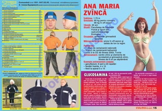 ANA MARIA
         ZV|NC~
         |n`l]ime: 1,70 m
         Greutate: 60 kg pentru concurs,




                                    O
                      66 kg n off-sezon
         Vårst`: 30 ani
         Studii: Facultatea de Educa]ie




                                  .R
                   Fizic` [i Sport din
                   cadrulUniversit`]ii
                   Ecologice




                     M
         Ocupa]ie: antrenorde gimnastic`
                       aerobic`
         Måncarea favorit`: pizza n off-sezon [i




         IS
                                 salata de ton la regim
         Palmares:
         – 7 titluri de campioan` na]ional`




         R
         – 5 titluri de campioan` balcanic`
         – locul 3 la CE de fitness 2003, Turcia




        U
         Antrenament: cardio zilnic [i elemente de
                           acrobatic` [i gimnastic` zilnic,
                           fitness de 6 ori pe s`pt`mån`




    LT
         Exemplu antrenament coapse:
         – genuflexiuni, 6 serii a 20 repet`ri
         – fand`ri nainte, 4 x 15
         – flexii la aparat 5 x 15
    U
         GLUCOSAMINA
                                                         s` lua]i 1.500 mg glucosamin` (sulfat              Se recomand` consumarea a 1-2
    C
                                                         sau clorhidrat) zilnic.                         tablete, de 3 ori pe zi, dup` mesele
                                                            Majoritatea datelor indic` faptul c`         principale.
            Acesta este, la ora actual`, unul din        ac]iunea acestui supliment începe                  Produsul de fa]` se prezint` n
P

         cele mai populare [i, n acela[i timp,          dup` 6-8 s`pt`måni de la începutul              urm`toarele variante: Actiflex (100
         folosite suplimente. Dac` v` antrena]i          administrãrii, astfel încât, pute]i fi siguri   tb/250 mg) _ 105.000 lei (10,5 lei noi)
         de câ]iva ani, ve]i putea aprecia               c` men]ine]i administrarea o perioad`           [i Actiflex Forte (100 tb/500 mg) _
O


         imediat beneficiul acestui produs. Este         suficient` de timp pentru a beneficia           170.000 lei (17 lei noi).
         un produs organic care se g`se[te n            de efecte semnificative.                           Pre]urile nu includ taxele po[tale.
         cartilagii [i n lichidul sinovial de la           Dac` ave]i probleme cu articula]iile         Pentru comenzi mai mici de 50 RON
T



         nivelul articula]iilor. Acest compus a          sau sunte]i doar un sportiv care                (500.000 lei vechi), taxele po[tale
         fost utilizat demult în tratarea                urmeaz` antrenamente dure, v`                   sunt de 5 RON (50.000 lei vechi).
         cazurilor u[oare [i moderate de artrit`         recomand`m acest produs asociat,                   Comenzile se pot face la telefoa-
         [i alte leziuni ale articula]iilor. Sportivii   eventual, cu un antiinflamator natural.         nele: 0232/266.900; 0722.876.311 [i
         utilizeaz` acest supliment pentru                  Produsul de fa]` este realizat de gru-       pe        e-mail        la    adresa
         ameliorarea durerilor de articula]ii [i         pul canadian PANGEO, axat n special            olympusgrup@yahoo.com sau la
         pentru a sus]ine procesul de refacere           pe produc]ia diferitelor suplimente pe          adresa: Olympus Grup, str. S`r`rie
         a cartilajelor lezate. Este recomandat          baz` de vitamine [i minerale.                   nr. 6, Ia[i, cod 700082.

                                                                                                                            &FITNESS
                                                                                                                                         15
 