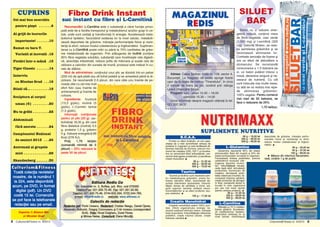 Varia]ii [i inova]ii .12
Flot`ri ntr-o m~n` .13
Tiger Classic . . . . . . .14
Interviu
cu Nicolae Grad . . .16
ßtia]i c`... . . . . . . . . . .18
Sculptura [i corpul
uman (6) . . . . . . . . .20
Nu te gr`bi . . . . . . . . .22
Abdominali
f`r` secrete . . . . . . .24
Campionatul Na]ional
de seniori 2013 . . .26
Antrena]i [i grupele
mici . . . . . . . . . . . . . .29
Skandenberg . . . . . . .30

Editura Redis Co

Str. Industriei nr. 2, Buftea, jud. Ilfov, cod 070000
Telefon/Fax: 021.300.75.46; Fax: 021.351.50.58;
/
Telefon: 021.300.75.46, 0744.632.294, 0722.244.783,
e-mail: office@redis.ro website: www.efitness.ro
b

Coperta 1: Bianca Mic
[i Nicolae Grad

2 Culturism&Fitness nr. 4/2013

TINERETULUI

Adresa: Calea {erban Vod` nr. 159, sector 4,
Bucure[ti. La magazin se poate ajunge foarte
u[or de la sta]ia de metrou “Tineretului”, n circa
2 minute de mers pe jos, ocolind prin stånga
Liceul Gheorghe {incai.
Program: luni - vineri 10.30 – 18.00
sâmb`t` 10.30 – 14.00
Orice informa]ii despre magazin ob]ine]i la tel.
021.337.34.37

Baton cu o valoare energetic` redus`, con]inut mare
de fibre vegetale, ceai verde
(1.000 mg) [i l-carnitin` (320
mg). Datorit` fibrelor, se reduce asimilarea gr`similor [i se
favorizeaz` eliminarea lor.
Combate senza]ia de foame [i
are un efect de detoxifiere a
stomacului. Se recomand`
consumarea a 1-3 batoane pe
zi, un baton putånd nlocui o
mas`, deoarece asigur` [i necesarul de nutrien]i. Cu cåt
sunt nlocuite mai multe mese,
cu atåt se va realiza mai repede eliminarea gr`similor.
100% vegetal. Pentru comenzi
mai mari de 50 batoane, se
face o reducere de 25%.
1,70 lei/buc.

NUTRIMAXX
B.C.A.A.

SUPLIMENTE NUTRITIVE

Produs cu efect anabolic, ce are capacitatea de a m`ri semnificativ sinteza de
proteine n organism [i care faciliteaz` eliberarea natural` de hormoni, precum hormonul de cre[tere (GH), IGF-1 [i insulina.
Are un remarcabil efect anticatabolic, prevenind distrugerea proteinelor [i pierderea
masei musculare. u
90 g – 31,00 lei
200 g – 55,00 lei
300 g – 75,00 lei

Taurina
Taurina [i lecitina sunt necesare pentru metabolizarea gr`similor, previn formarea calculilor biliari, favorizeaz` absorb]ia vitaminelor liposolubile, mbun`t`]esc starea de s`n`tate a inimii, asigur` suportul necesar sintezei neurotransmi]`torilor [i au efect protector asupra creierului. u
100 g – 17,00 lei

Colectiv de redac]ie

Creatin Monohidrat

Redactor [ef: Florin Uceanu. Redactori: Cristian Neagu, Daniel Oprea,
Alexandru Bolborici, Drago[ Corcoveanu [i C-tin Ionescu (corespondent
SUA). Foto: Viorel Dulgheru, Dorel Florea
[i Mircea Netea. Corectur`: Elena Miculi]`.

Creatin` monohidrat avånd 100% puritate. Ofer` organismului energia necesar` sus]inerii efortului intens, m`re[te
for]a muscular`, mbun`t`]e[te refacerea
postefort, cre[te volumul celular, cre[te
hidrarea celular`.u

O

Toat` colec]ia revistelor
noastre, de la num`rul 1
la 224, este disponibil`
acum, pe DVD, n format
digital (pdf). Un DVD
cost` 15 lei. Comenzile
se pot face la telefoanele
redac]iei sau pe email.

P
C

Culturism&Fitness

M

Liceul
ßINCAI

SILUET
BAR

.R
O

Ramat cu bara T.

REDIS

M

importante! . . . . . . .10

Recomand`ri: L-Carnitina este o substan]` a c`rei func]ie principal` este de a facilita transportul [i metabolismul acizilor gra[i n celule, unde sunt oxida]i [i transforma]i n energie. Accelereaz` metabolismul lipidelor, favorizånd oxidarea lor la nivel celular, metabolizeaz` depozitele de gr`sime, m`re[te performan]ele fizice [i rezisten]a la efort, reduce nivelul colesterolului [i trigliceridelor. Suplimentarea cu L-Carnitin` poate m`ri cu pån` la 70% cantitatea de gr`sime metabolizat` de organism. Prin ad`ugarea de inulin` (con]ine
95% fibre vegetale solubile), substan]` care ncetine[te rata digestiv`, absorb]ia intestinal`, reduce pofta de måncare [i scade rata de
utilizare a caloriilor din sursele de hran`; produsul este indicat n curele de sl`bire.
Mod de administrare: con]inutul unui plic se dizolv` ntr-un pahar
(250 ml) de ap` plat` sau alt lichid potabil [i se amestec` pån` la dizolvare. Se recomand` 2-3 plicuri, din care cåte unu nainte de perioada zilei cu cel mai mult
efort fizic (sau nainte de
antrenament) [i nainte de
culcare.
Ingrediente: fructoz`
(13,5 g/plic), inulin` (5
g/plic), L-Carnitin tartrat
(1,5 g/plic).
Informa]ii nutri]ionale
pentru un plic (20 g): carbohidra]i 18,35 g, din care
fibre dietetice (inulin`) 4,5
g, proteine 1,5 g, gr`simi
0 g. Valoare energetic` 66
Kcal (276 KJ).
Pre]:
1,79
lei/plic
(comand` minim` de 5
plicuri) – 25% reducere la
peste 50 de plicuri.

IS

Ai grij` de lucrurile

suc instant cu fibre [i L-Carnitin`

R

pentru piept . . . . . . .8

MAGAZINUL
REDIS

LT
U

Cel mai bun exerci]iu

Fibro Drink Instant

U

CUPRINS

90 g – 19,00 lei
300 g – 39,00 lei
500 g – 49,00 lei

L–Glutamina
Glutamina reprezint` 60% din totalul
aminoacizilor liberi din mu[chi [i 20% din
totalul aminoacizilor circulan]i n organism.
Favorizeaz` sinteza proteinelor, previne
catabolismul muscular (distrugerea ]esutului muscular), mbun`t`]e[te recuperarea dup` efort, stimuleaz`
producerea hormonului de
cre[tere, stimuleaz` activitatea sistemului imunitar, favorizeaz` hidrarea celular`,
cre[te produc]ia de glicogen
n ficat, transport` azotul n
locurile n care organismul
are cea mai mare nevoie
(pentru sinteza proteic`). u
90 g – 31,00 lei
200 g – 49,00 lei
300 g – 69,00 lei

depozitele de gr`sime, m`re[te performan]ele fizice [i rezisten]a la efort,
reduce nivelul colesterolului [i trigliceridelor. u
30 g – 25,00 lei
50 g – 37,00 lei
100 g – 69,00 lei

u M`sura din interiorul flacoanelor,
ras`, con]ine 1 g de pudr`.

L–Carnitina
M`re[te cu 70 % metabolizarea gr`simii. Accelereaz` metabolismul lipidelor,
favorizånd oxidarea lor la
nivel celular, mobilizeaz`

Culturism&Fitness nr. 4/2013

3

 