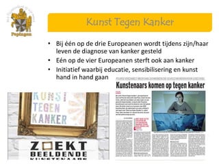 Kunst Tegen Kanker

• Bij één op de drie Europeanen wordt tijdens zijn/haar
  leven de diagnose van kanker gesteld
• Eén op de vier Europeanen sterft ook aan kanker
• Initiatief waarbij educatie, sensibilisering en kunst
  hand in hand gaan
 