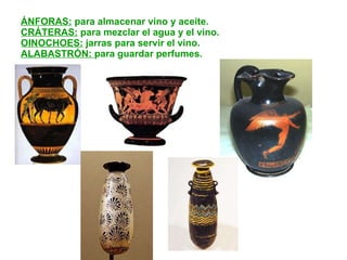 ÁNFORAS:  para almacenar vino y aceite. CRÁTERAS:  para mezclar el agua y el vino. OINOCHOES:  jarras para servir el vino. ALABASTRÓN:  para guardar perfumes. 