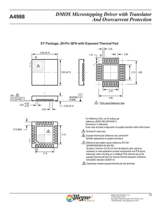 DMOS Microstepping Driver with Translator
And Overcurrent Protection
A4988
19Allegro MicroSystems, LLC
115 Northeast Cutoff
Worcester, Massachusetts 01615-0036 U.S.A.
1.508.853.5000; www.allegromicro.com
ET Package, 28-Pin QFN with Exposed Thermal Pad
0.25
+0.05
–0.07
0.50
0.90 ±0.10
C0.08
29X
SEATING
PLANE
C
A Terminal #1 mark area
B Exposed thermal pad (reference only, terminal #1
identifier appearance at supplier discretion)
For Reference Only; not for tooling use
(reference JEDEC MO-220VHHD-1)
Dimensions in millimeters
Exact case and lead configuration at supplier discretion within limits shown
C Reference land pattern layout (reference IPC7351
QFN50P500X500X100-29V1M);
All pads a minimum of 0.20 mm from all adjacent pads; adjust as
necessary to meet application process requirements and PCB layout
tolerances; when mounting on a multilayer PCB, thermal vias at the
exposed thermal pad land can improve thermal dissipation (reference
EIA/JEDEC Standard JESD51-5)
28
2
1
A
28
1
2
PCB Layout Reference View
B
3.15
0.73 MAX
3.15
3.15
3.15
0.30
1
28 0.501.15
4.80
4.80
C
5.00 ±0.15
5.00 ±0.15
D
D Coplanarity includes exposed thermal pad and terminals
 