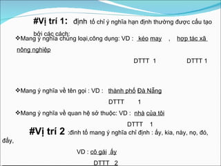 #Vị trí 1 :  định   tố chỉ ý nghĩa hạn định thường được cấu tạo bởi các cách: Mang ý nghĩa chủng loại,công dụng: VD :  kéo   may   ,  hợp tác xã  nông nghiệp DTTT  1  DTTT 1  Mang ý nghĩa về tên gọi : VD :  thành phố   Đà Nẵng   DTTT  1 Mang ý nghĩa về quan hệ sở thuộc: VD :  nhà   của tôi   DTTT  1 #Vị trí 2  :đinh tố mang ý nghĩa chỉ định : ấy, kia, này, nọ,  đó ,  đấy , VD :  cô gái   ấy DTTT  2 