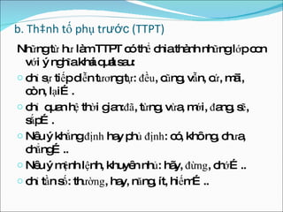 b. Thành tố phụ tr ước  (TTPT)  Những từ h ư  làm TTPT có thể chia thành những lớp con với ý nghĩa khái quát sau: chỉ sự tiếp diễn t ươ ng tự:  đều , cũng, vẫn, cứ, mãi, còn, lại…. chỉ  quan hệ thời gian: đã , từng, vừa, mới,  đ ang, sẽ, sắp…. Nêu ý khẳng  định  hay phủ  định : có, không, ch ư a, chẳng….. Nêu ý mệnh lệnh, khuyên nhủ: hãy,  đừng , chớ….. chỉ tần số: th ường , hay, n ă ng, ít, hiếm….. 