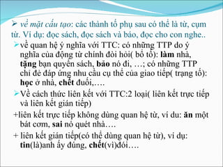 về mặt cấu tạo : các thành tố phụ sau có thể là từ, cụm từ. Ví dụ:  đọc  sách,  đọc  sách và báo,  đọc  cho con nghe.. về quan hệ ý nghĩa với TTC: có những TTP do ý nghĩa của  động  từ chính  đòi  hỏi( bổ tố):  làm  nhà,  tặng  bạn quyển sách,  bảo  nó  đ i, …; có những TTP chỉ  đẻ   đáp  ứng nhu cầu cụ thể của giao tiếp( trạng tố):  học  ở nhà,  chết  đ uối,…. Về cách thức liên kết với TTC:2 loại( liên kết trực tiếp và liên kết gián tiếp) +liên kết trực tiếp không dùng quan hệ từ, ví du:  ăn  một bát cơm,  sai  nó quét nhà…. + liên kết gián tiếp(có thể dùng quan hệ từ), ví dụ:  tin (là)anh ấy đúng,  chết (vì)đói…. 