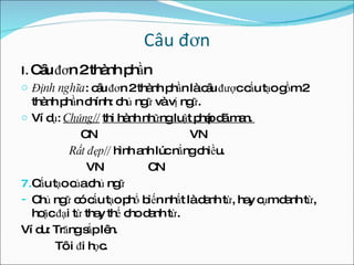 Câu đơn I.  Câu đơn 2 thành phần Định nghĩa : câu đơn 2 thành phần là câu được cấu tạo gồm 2 thành phần chính: chủ ngữ và vị ngữ. Ví dụ:  Chúng//   thi hành những luật pháp dã man.  CN  VN Rất đẹp//  hình anh lúc nắng chiều. VN  CN Cấu tạo của chủ ngữ Chủ ngữ có cấu tạo phổ biến nhất là danh từ, hay cụm danh từ, hoặc đại từ thay thế cho danh từ. Ví du: Trăng sắp lên. Tôi đi học. 