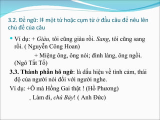 3.2. Đề ngữ: là một từ hoặc cụm từ ở đầu câu để nêu lên chủ đề của câu Ví dụ: +  Giàu,  tôi cũng giàu rồi.  Sang , tôi cũng sang rồi. ( Nguyễn Công Hoan) + Miệng ông, ông nói; đình làng, ông ngồi.(Ngô Tất Tố) 3.3. Thành phần hô ngữ : là dấu hiệu về tình cảm, thái độ của người nói đối với người nghe. Ví dụ: +Ô mà Hồng Gai thật ! (Hồ Phương) +  Làm đi,  chú Bảy ! ( Anh Đức) 