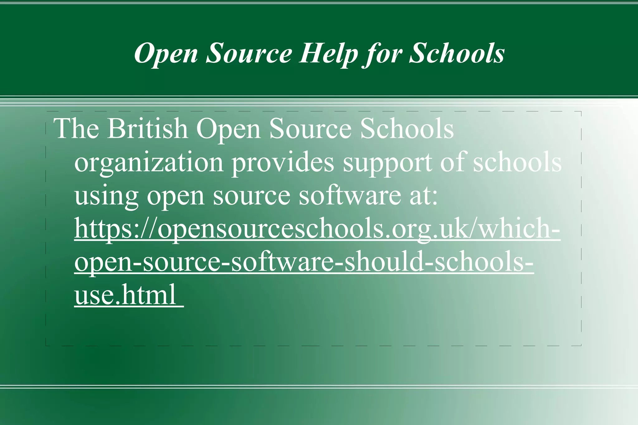 ● For schools that have limited or no money for technology, open  source  software can provide excellent software at little or no cost. What Role Can Open Source Play in Education? ● T his software can help to improve the functioning of a school and increase productivity. ● A school maybe able find a developer who is willing to  tailor a specific program to their needs. 