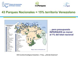 43 Parques Nacionales = 15% territorio Venezolano




                                                         …pero presupuesto
                                                         INPARQUES es menor
                                                         al 1% del total nacional




                             Mapa: www.a-venezuela.com




         XIX Cumbre Ecológica Industrial...Y Hoy...¿Dónde Estamos?
 