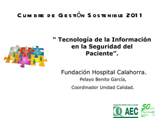 “  Tecnología de la Información en la Seguridad del Paciente”. Fundación Hospital Calahorra. Pelayo Benito García,  Coordinador Unidad Calidad.   