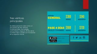 Tres vértices 
principales 
Se debe pensar la web como un 
encuentro de tres vértices 
fundamentales, tecnología, 
comunidad y negocio. El sitio de la 
Cumbre Tajín cumple con incorporar 
en su espacio virtual. 
 
