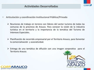Actividades Desarrolladas 
• Articulación y coordinación Institucional Público/Privada 
 Reuniones de trabajo en terreno con líderes del sector turismo de todas las 
comunas de la provincia de Arauco. Para conocer la visión de la industria 
turística en el territorio y la importancia de la temática del Turismo de 
Intereses Especiales. 
 Planificación de recorrido empresarial por el Territorio Arauco, para fomentar 
la comercialización y asociatividad. 
 Entrega de una temática de difusión con una imagen corporativa para el 
Territorio Arauco. 
 
