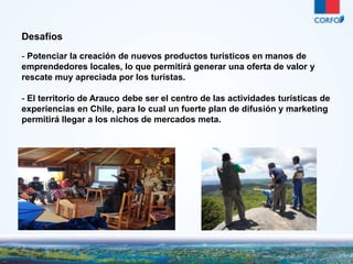 - Potenciar la creación de nuevos productos turísticos en manos de 
emprendedores locales, lo que permitirá generar una oferta de valor y 
rescate muy apreciada por los turistas. 
- El territorio de Arauco debe ser el centro de las actividades turísticas de 
experiencias en Chile, para lo cual un fuerte plan de difusión y marketing 
permitirá llegar a los nichos de mercados meta. 
21 
Desafíos 
 