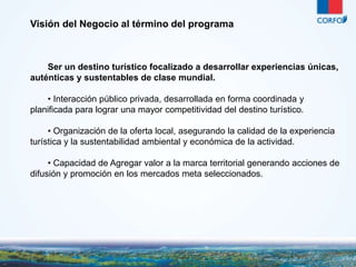Visión del Negocio al término del programa 
Ser un destino turístico focalizado a desarrollar experiencias únicas, 
3 
auténticas y sustentables de clase mundial. 
• Interacción público privada, desarrollada en forma coordinada y 
planificada para lograr una mayor competitividad del destino turístico. 
• Organización de la oferta local, asegurando la calidad de la experiencia 
turística y la sustentabilidad ambiental y económica de la actividad. 
• Capacidad de Agregar valor a la marca territorial generando acciones de 
difusión y promoción en los mercados meta seleccionados. 
 