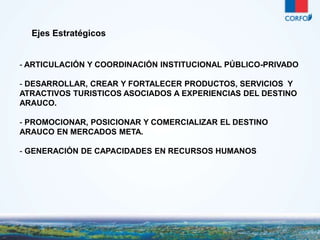 - ARTICULACIÓN Y COORDINACIÓN INSTITUCIONAL PÚBLICO-PRIVADO 
- DESARROLLAR, CREAR Y FORTALECER PRODUCTOS, SERVICIOS Y 
ATRACTIVOS TURISTICOS ASOCIADOS A EXPERIENCIAS DEL DESTINO 
ARAUCO. 
- PROMOCIONAR, POSICIONAR Y COMERCIALIZAR EL DESTINO 
ARAUCO EN MERCADOS META. 
- GENERACIÓN DE CAPACIDADES EN RECURSOS HUMANOS 
6 
Ejes Estratégicos 
 