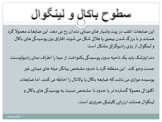 ‫دهد‬ ‫می‬ ‫رخ‬‫دندان‬ ‫مینایی‬‫های‬ ‫وشیار‬ ‫پیت‬ ‫در‬ ‫اغلب‬ ‫ضایعات‬ ‫این‬.‫گرد‬ ‫معموال‬ ‫ضایعات‬ ‫این‬
‫شوند‬ ‫می‬ ‫شکل‬ ‫هاللی‬ ‫یا‬ ‫ی‬ ‫بیض‬ ‫شدن‬ ‫گ‬‫ر‬‫بز‬ ‫با‬‫و‬ ‫هستند‬.‫ب‬ ‫های‬ ‫پوسیدگی‬ ‫بین‬‫اق‬‫ر‬‫افت‬‫اکال‬
‫است‬ ‫مشکل‬ ‫افی‬‫ر‬‫ادیوگ‬‫ر‬‫ی‬‫و‬‫ر‬‫از‬ ‫لینگوال‬ ‫و‬
‫ادیولوسنت‬‫ر‬‫نمای‬ ‫اف‬‫ر‬‫اط‬ ‫ا‬‫ر‬ ‫مینا‬ ‫از‬ ‫یکنواخت‬ ‫پوسیدگی‬‫ن‬‫بدو‬ ‫ناحیه‬ ‫یک‬ ‫باید‬‫دندانپزشک‬
‫کند‬‫وجو‬ ‫جست‬.‫غیر‬ ‫مینایی‬‫های‬ ‫میله‬‫بیانگر‬ ‫مشخص‬‫حدود‬ ‫با‬ ‫گرد‬ ‫منطقه‬ ‫این‬
‫کنند‬‫می‬‫احاطه‬ ‫ا‬‫ر‬‫پاالتال‬ ‫یا‬ ‫باکال‬ ‫ضایعه‬ ‫که‬ ‫باشد‬ ‫می‬ ‫ی‬‫مواز‬ ‫پوسیده‬.‫ضایعات‬ ‫اما‬
‫و‬ ‫باکال‬ ‫های‬ ‫پوسیدگی‬ ‫به‬ ‫نسبت‬ ‫مشخص‬ ‫نا‬‫حدود‬ ‫با‬ ‫تر‬‫گسترده‬‫معموال‬ ‫الی‬‫ز‬‫اکلو‬
‫هستند‬ ‫لینگوال‬.‫است‬‫ی‬‫ر‬‫و‬‫ضر‬ ‫کلینیکی‬ ‫یابی‬‫ز‬‫ار‬.
atousa.chd
 