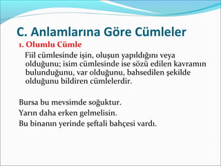 C. Anlamlarına Göre Cümleler
1. Olumlu Cümle
Fiil cümlesinde işin, oluşun yapıldığını veya
olduğunu; isim cümlesinde ise sözü edilen kavramın
bulunduğunu, var olduğunu, bahsedilen şekilde
olduğunu bildiren cümlelerdir.
Bursa bu mevsimde soğuktur.
Yarın daha erken gelmelisin.
Bu binanın yerinde şeftali bahçesi vardı.
 
 