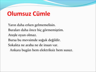 Olumsuz Cümle
Yarın daha erken gelmemelisin.
Buraları daha önce hiç görmemiştim.
Ateşle oyun olmaz.
Bursa bu mevsimde soğuk değildir.
Sokakta ne araba ne de insan var.
Ankara bugün hem elektriksiz hem susuz.
 