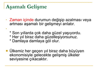 Aşamalı Gelişme Zaman içinde  durumun değişip azalması veya artması aşamalı bir gelişmeyi anlatır. * Son yıllarda çok daha güzel yaşıyordu. * Her yıl biraz daha güzelleşiyorsunuz. * Damlaya damlaya göl olur. Ülkemiz her geçen yıl biraz daha büyüyen ekonomisiyle gelecekte gelişmiş ülkeler seviyesine çıkacaktır. 