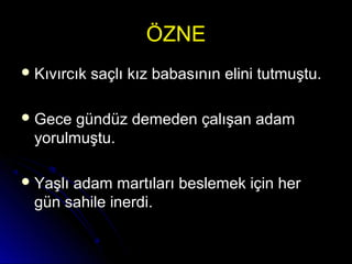 ÖZNEÖZNE
 Kıvırcık saçlı kız babasının elini tutmuştu.Kıvırcık saçlı kız babasının elini tutmuştu.
 Gece gündüz demeden çalışan adamGece gündüz demeden çalışan adam
yorulmuştu.yorulmuştu.
 Yaşlı adam martıları beslemek için herYaşlı adam martıları beslemek için her
gün sahile inerdi.gün sahile inerdi.
 