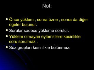 Not:Not:
 Önce yüklem , sonra özne , sonra da diğerÖnce yüklem , sonra özne , sonra da diğer
ögeler bulunur.ögeler bulunur.
 Sorular sadece yükleme sorulur.Sorular sadece yükleme sorulur.
 Yüklem olmayan eylemsilere kesinlikleYüklem olmayan eylemsilere kesinlikle
soru sorulmaz .soru sorulmaz .
 Söz grupları kesinlikle bölünmez.Söz grupları kesinlikle bölünmez.
 