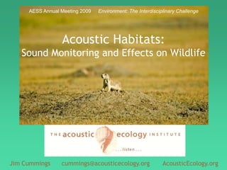 AESS Annual Meeting 2009     Environment: The Interdisciplinary Challenge Acoustic Habitats:Sound Monitoring and Effects on Wildlife Jim Cummings      cummings@acousticecology.org       AcousticEcology.org     