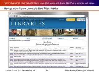 From Voyager to your website: Using Linux Shell scripts and Oracle SQL*Plus to generate web pages.
ExLibris ELUNA 2012 Salt Lake City, UT 13 WRLC & George Washington University
George Washington University New Titles, Media
 