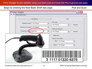 From Voyager to your website: Using Linux Shell scripts and Oracle SQL*Plus to generate web pages.
ExLibris ELUNA 2012 Salt Lake City, UT 14 WRLC & George Washington University
Steps to creating the New Book Shelf web page Pick and Scan
 